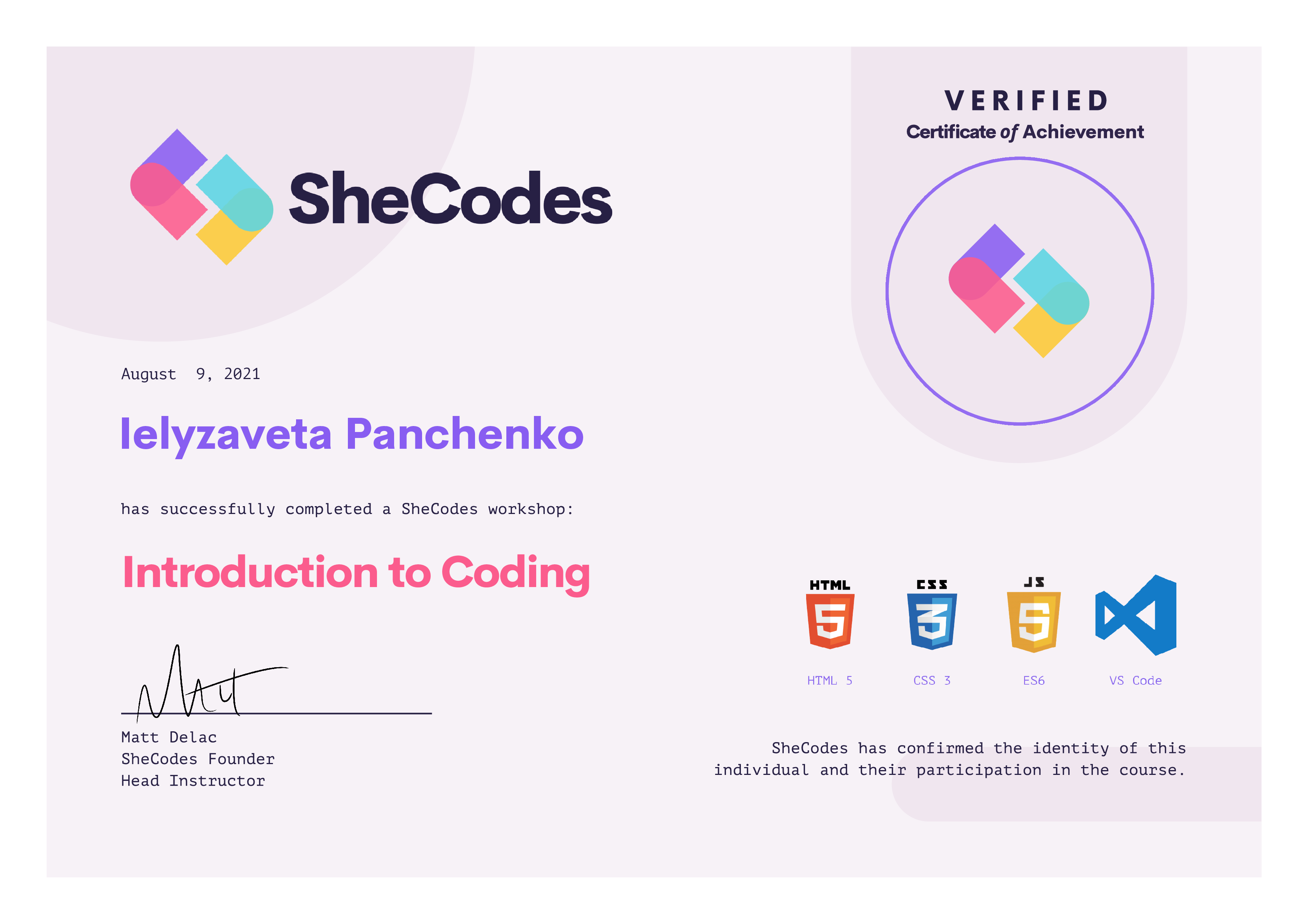 SheCodes Basic verified certificat