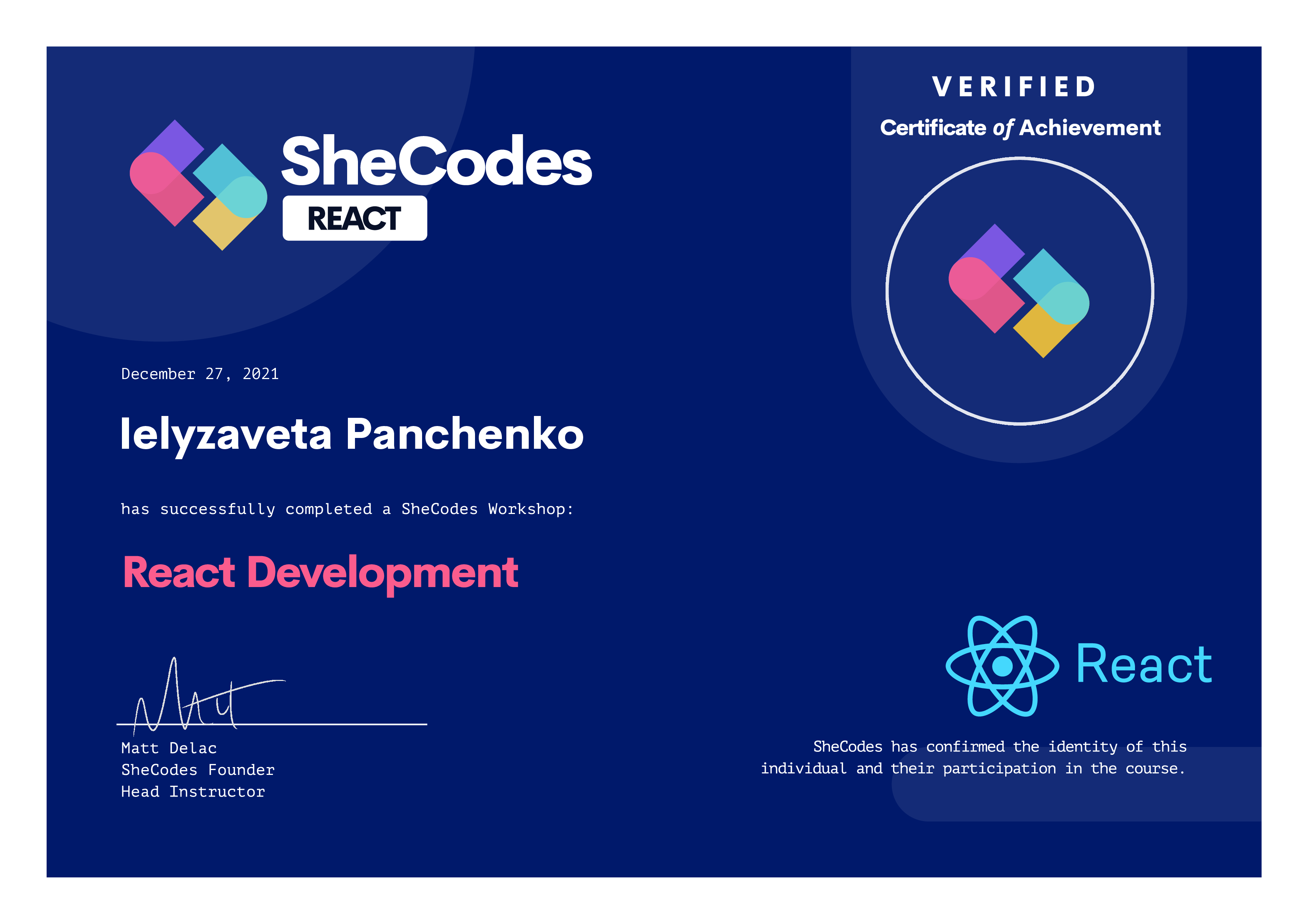 SheCodes Plus verified certificat