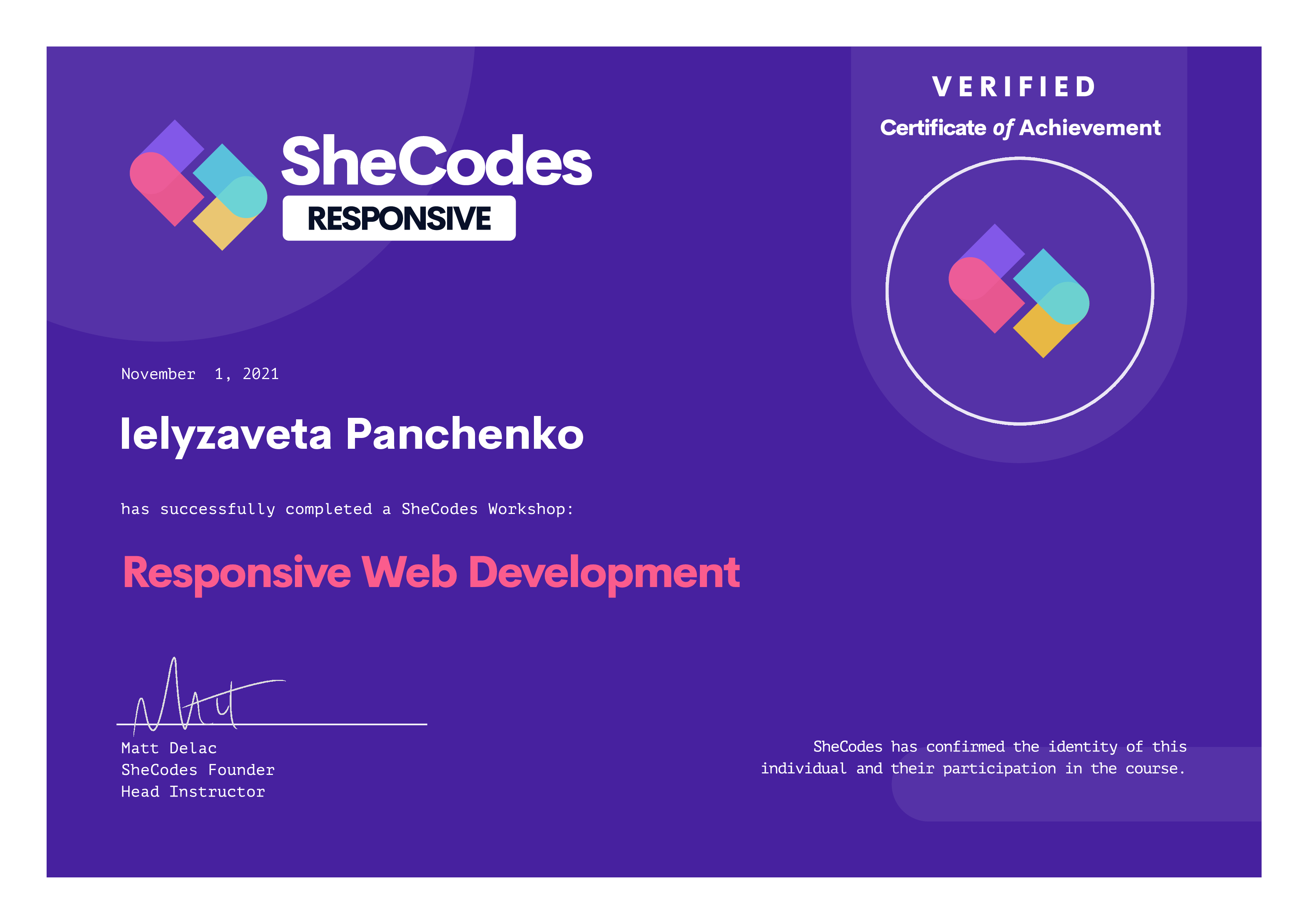 SheCodes Responsive verified certificat